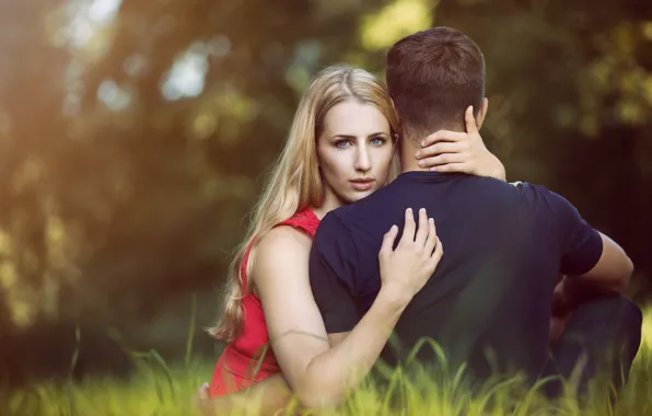 Picture summer, grass, look, girl, hugs, pair, male, lovers