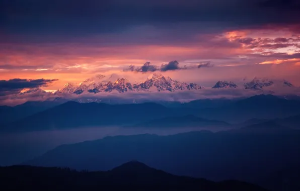 The sky, light, mountains, tops