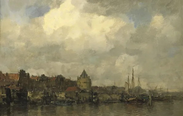 The city, oil, picture, canvas, Jacob Maris Hendrikus, Tower Schreierstoren in Amsterdam