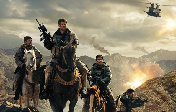 Picture mountains, weapons, helicopter, riders, action, poster, Chris Hemsworth, Chris Hemsworth