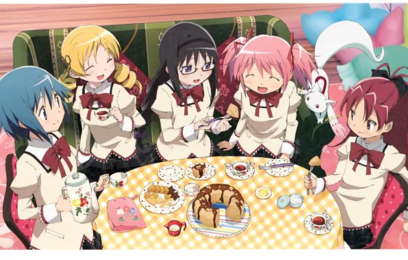 Picture the tea party, fun, friend, tablecloth, Homura Akemi, Kyubey, Mahou Shoujo Madoka Magica, Mami Futami