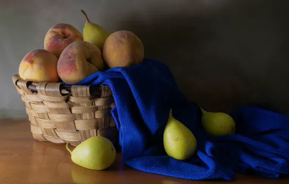 Table, towel, fabric, fruit, still life, blue, peaches, network