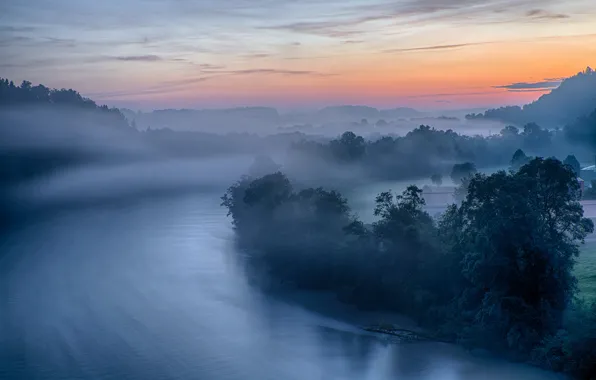 Picture the sky, trees, mountains, fog, house, river, morning