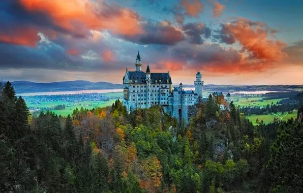 Autumn, forest, clouds, mountains, castle, rocks, view, height