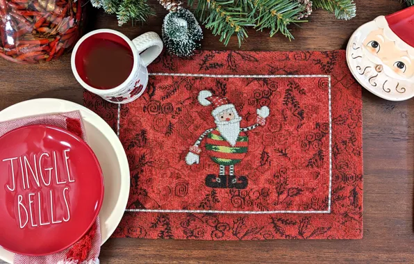 Christmas, mug, Cup, plates, dishes, New year, Mat, Santa Claus