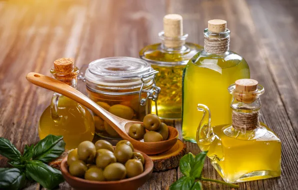 Glass, Board, spoon, Bank, bowl, olives, olive oil, bottle