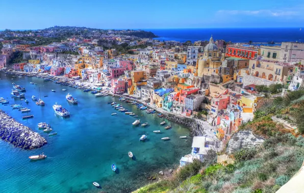 Sea, coast, building, home, Bay, boats, Italy, boats