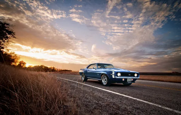 Road, 1969, Camaro, Classic, chevrolet, blue, American, Muscle heaven