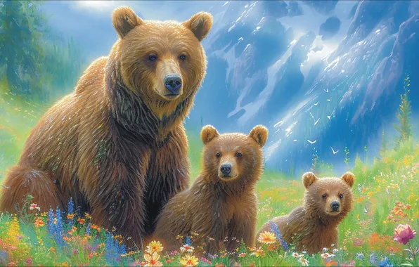 Flowers, picture, spring, bears, Alaska, meadow, three, ART