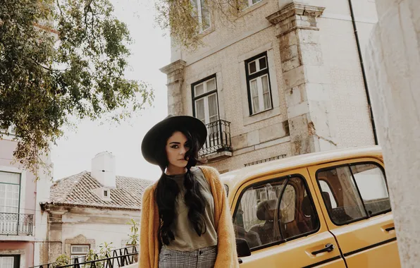 Machine, girl, street, hat, actress, Vanessa Hudgens