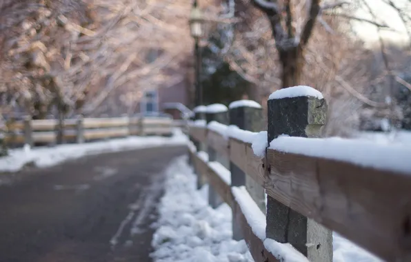 Road, snow, the fence, bokeh