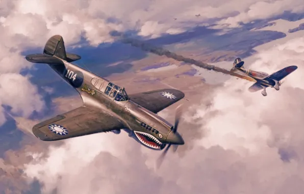 Picture war, art, painting, aviation, ww2, nakajima that-27, Curtiss P-40 Warhaw
