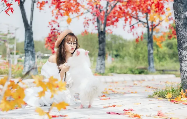 Autumn, girl, dog