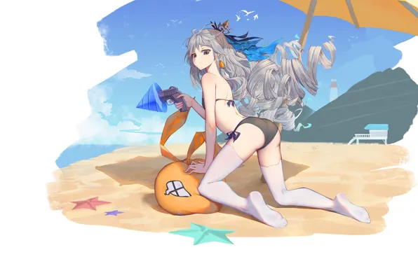 Picture beach, girl, gun, the game, umbrella, art, Honkai Impact 3rd