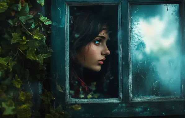 Glass, leaves, girl, brunette, window, blue eyes, AI art, neural network