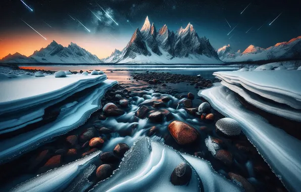 Winter, snow, mountains, night, pebbles, stones, rocks, shore