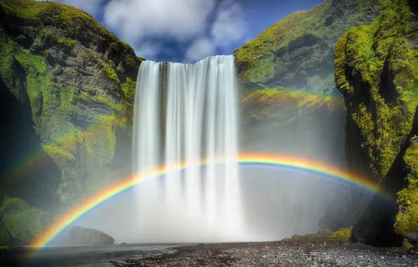 Waterfall, rainbow, Iceland, Skogafoss