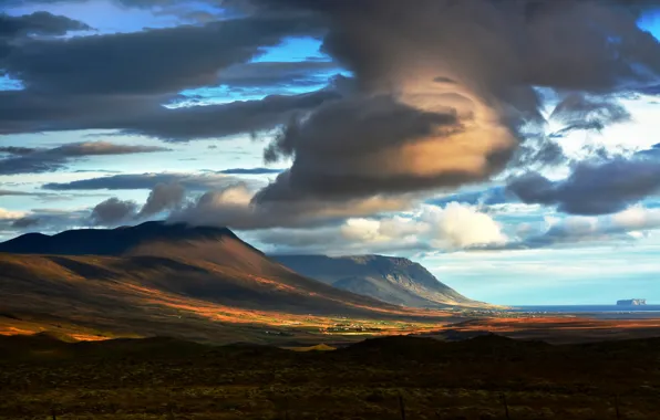 Clouds, mountains, sunrise, shadows, Iceland