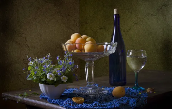 Flowers, table, wine, glass, bottle, still life, peaches, items