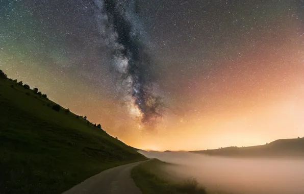Road, the sky, stars, night, fog, morning, the milky way