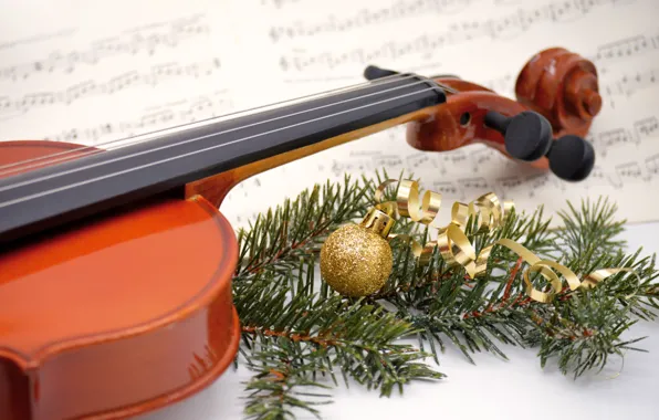 Branches, notes, music, violin, ball, Christmas, New year, gold