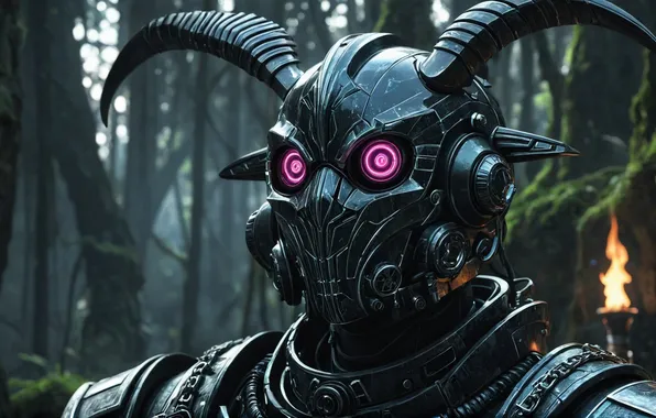 Forest, robot, horns, helmet