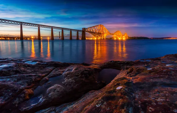 Picture bridge, lights, river, stones, shore, the evening, Scotland, Edinburgh
