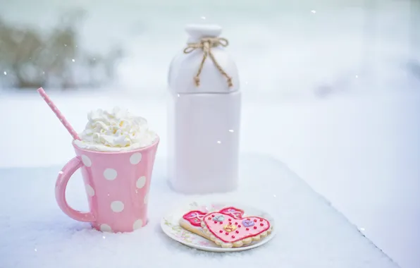 Picture winter, snow, pink, cream, drink, heart, pink, winter