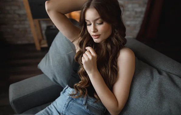 Girl, pose, jeans, hands, long hair, Vladimir Vasiliev, Ksenia Skotnikova