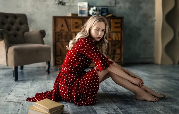Look, portrait, chair, barefoot, makeup, dress, hairstyle, blonde