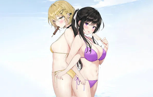 Sexy, wet, cleavage, long hair, girls, boobs, blush, anime