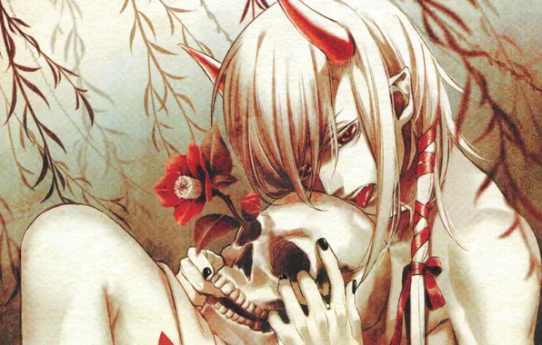 Skull, the demon, red eyes, stuck out his tongue, red Camellia, youkai, by yone kazuki, …