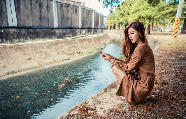 Leaves, water, girl, dress, channel, brown hair, Asian, sitting