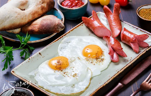 Sausage, eggs, bread, scrambled eggs