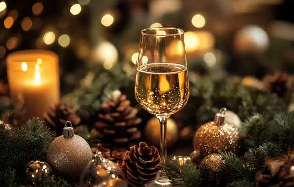 Balls, light, branches, lights, table, wine, Shine, glass