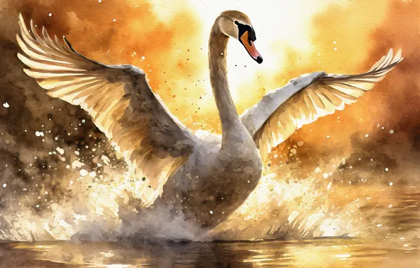 Bird, wings, Swan, painting, stroke, imitation painting, AI art, neural network