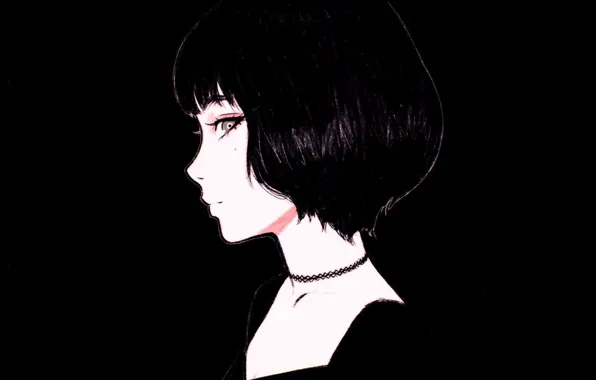 Picture face, haircut, black and white, mole, in profile, bangs, portrait of a girl, Ilya Kuvshinov