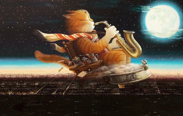 Picture cat, night, the moon, figure, tale, art, children's, Tales of the cat Kuzma