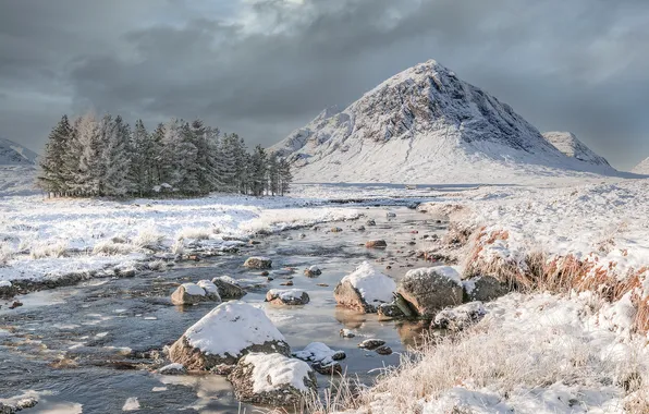 Winter, frost, field, forest, snow, mountains, clouds, nature