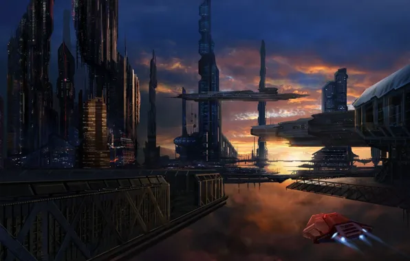 Sunset, the city, future, ships, art, in the sky, David Lee