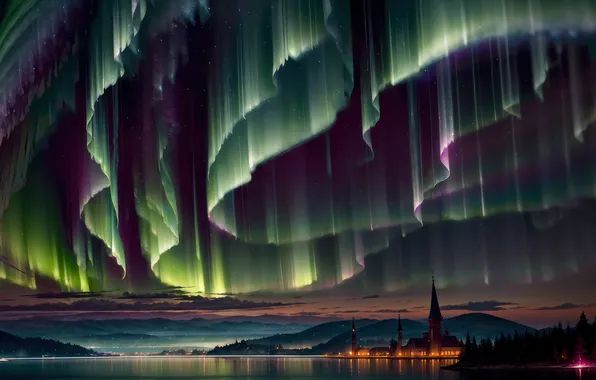 Picture Night, Digital Art, Scenery, Aurora Borealis, Northern Lights, AI Generated