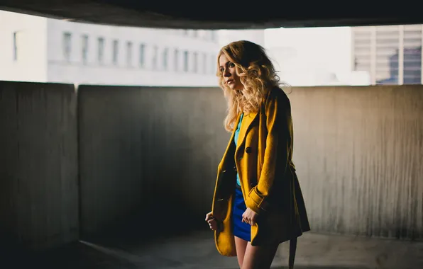 Picture girl, blonde, yellow, coat, Alexis Coons