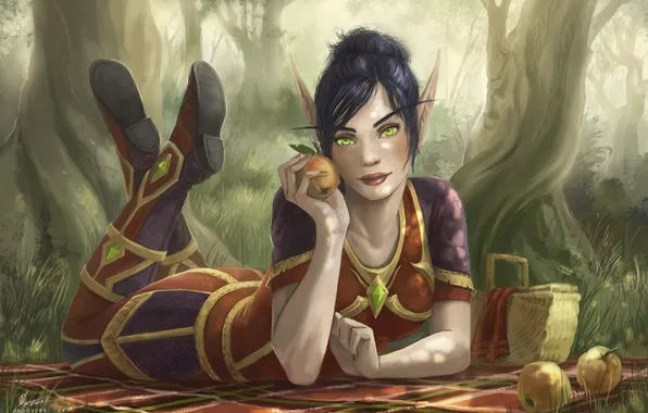 Picture forest, girl, stay, apples, elf, art, elf, picnic