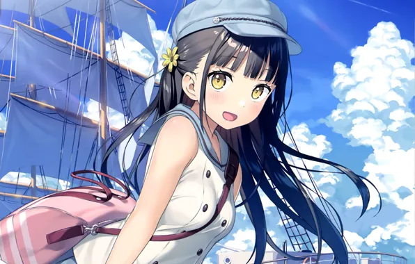 Clouds, sails, cap, bag, mast, nagisa, on the ship, by kantoku