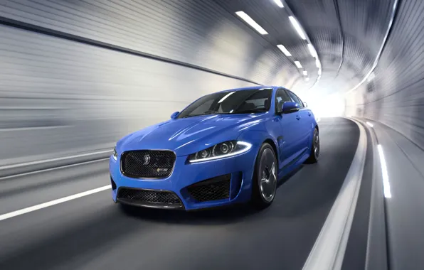 Auto, Jaguar, Blue, Jaguar, The hood, Lights, The tunnel, the front