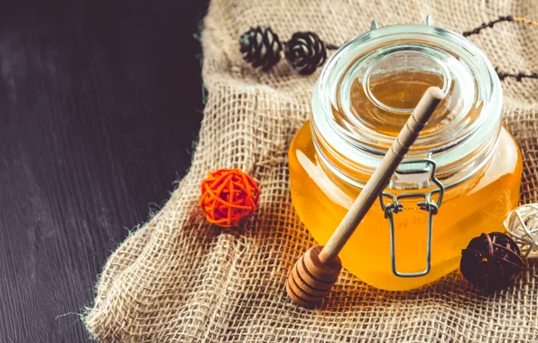 Glass, balls, table, Board, branch, honey, Bank, still life