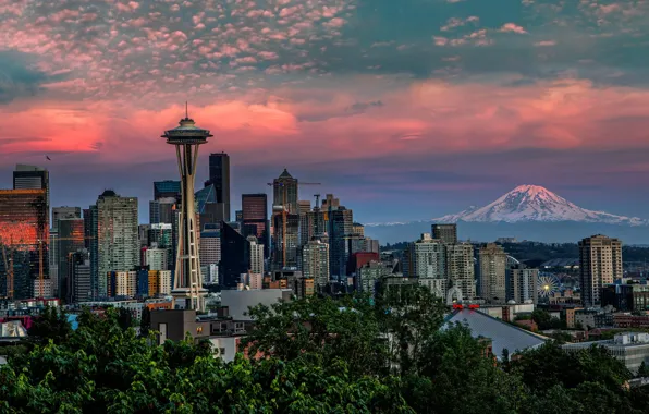 Sunset, the city, building, mountain, home, Seattle, USA, skyscrapers