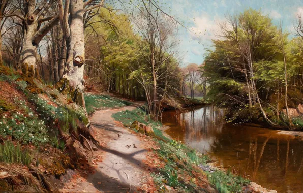 Picture 1909, Danish painter, Peter Merk Of Menstad, Peder Mørk Mønsted, Danish realist painter, Spring landscape …