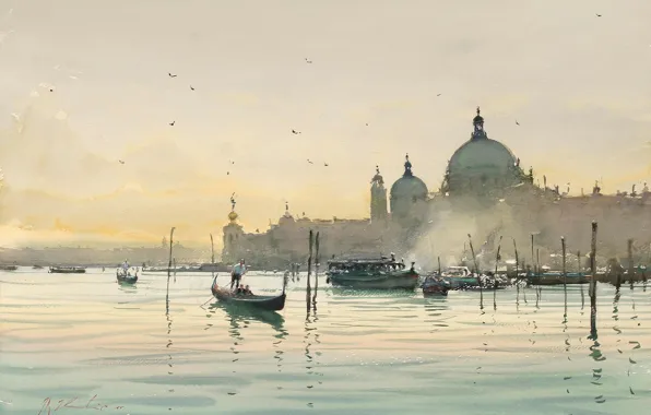 Water, birds, the city, boats, morning, watercolor, Italy, Venice