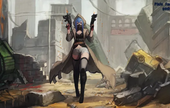 Girl, weapons, destruction, sleeve, anime, art, pixiv fantasia